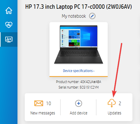 Device dashboard card with Updates action