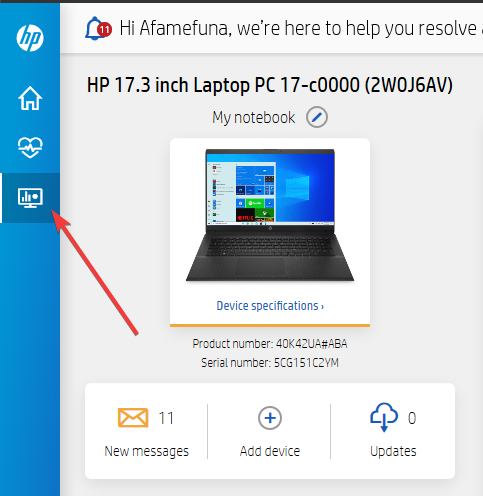 Fixes and Diagnostics panel for an HP notebook
