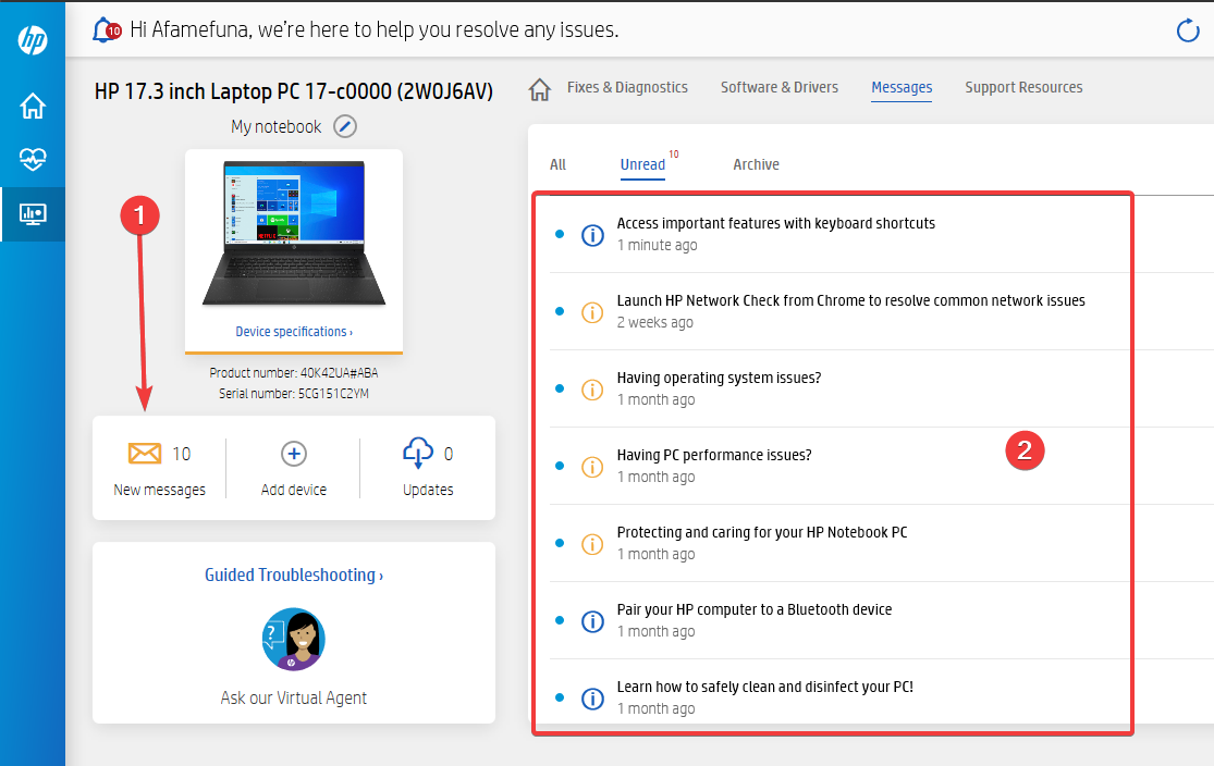 Messages and updates list inside HP Support Assistant
