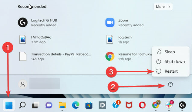 Windows Start power menu Restart option
