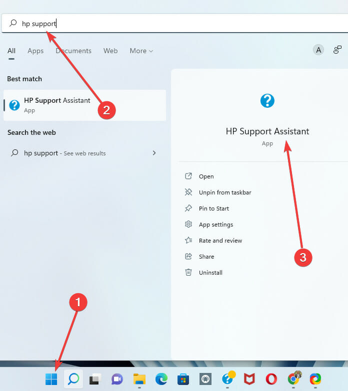 Windows search results for HP Support Assistant